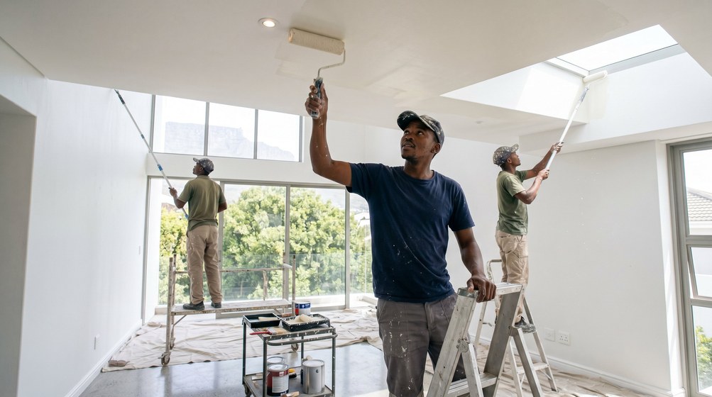 Professional ceiling painters rolling white paint onto a high ceiling in Kenilworth