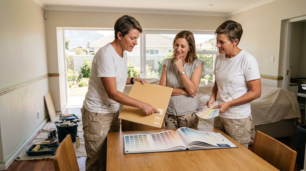 Professional colour consultant showing paint swatches to a homeowner in Kenilworth