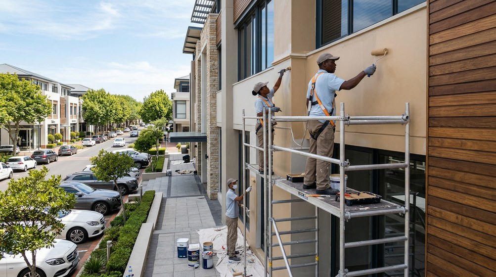 Professional commercial painters on scaffolding painting a building in Kenilworth