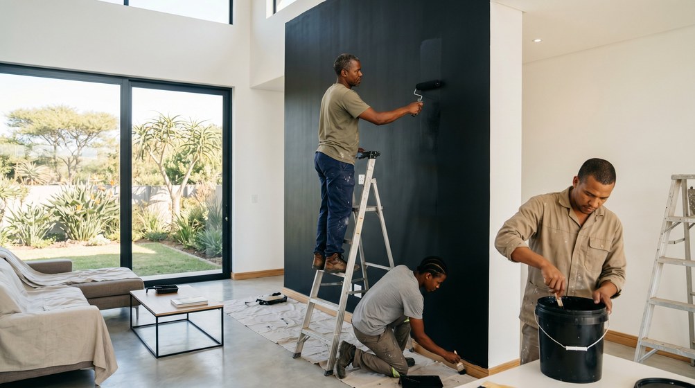Professional painters creating a bold black feature wall in a modern Kenilworth home