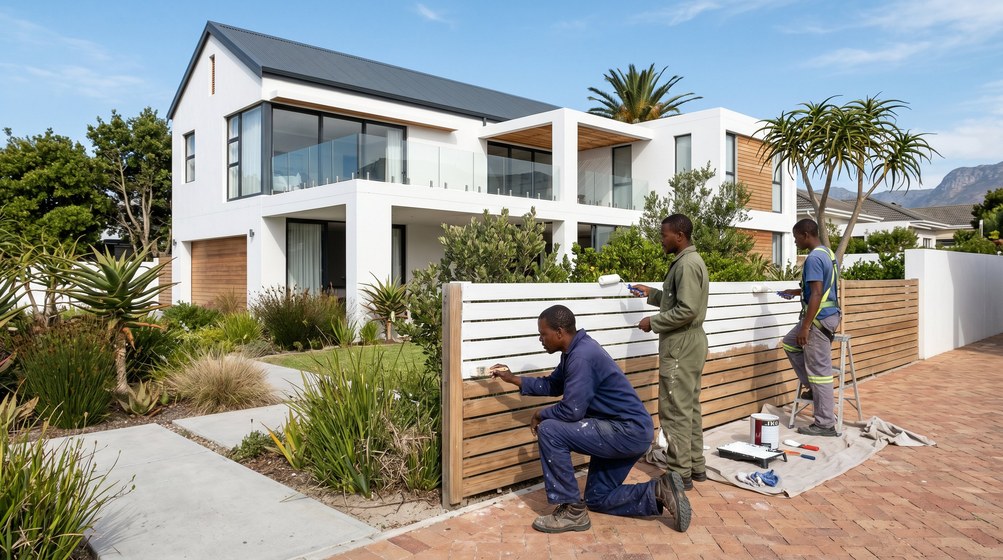 Professional fence painters painting a wooden fence at a Kenilworth home in Kenilworth