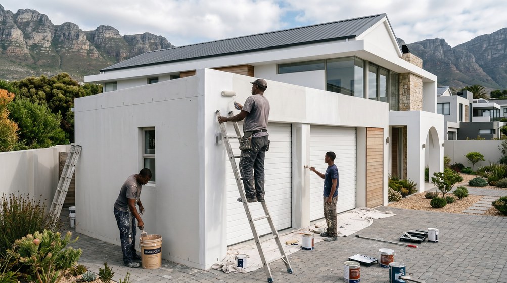 Professional painters painting a double garage exterior and garage doors in Kenilworth