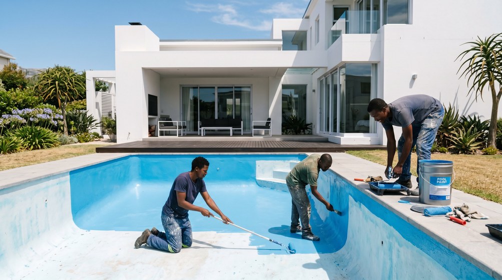 Professional pool painters applying blue pool paint to a swimming pool in Kenilworth