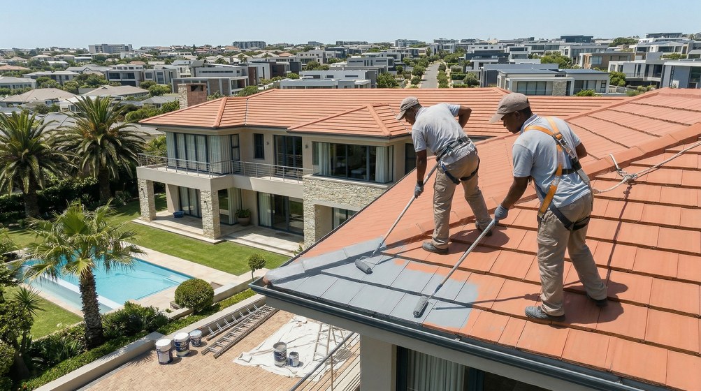 Roof painting in progress on a Plumstead house, Cape Town