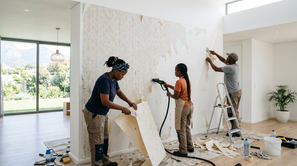 Professional wallpaper removal team stripping old wallpaper in a Kenilworth home