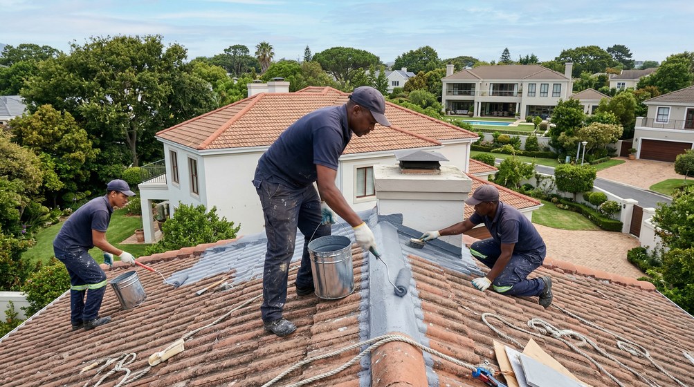 Professional waterproofing team applying membrane to roof in Kenilworth